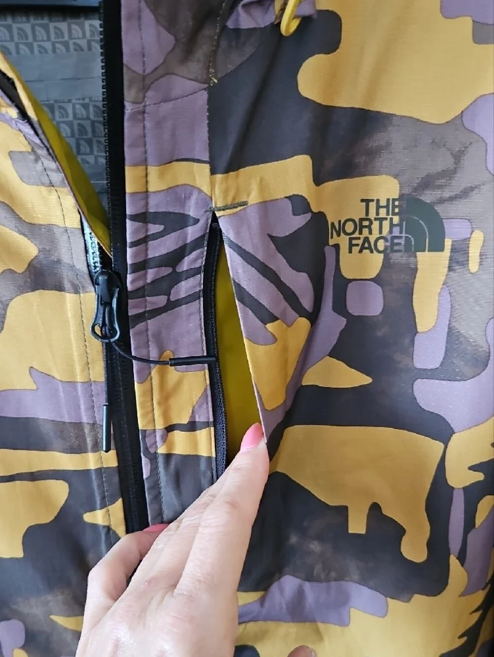The North Face Yellow & Green, Brown Camo Hooded Windbreaker
